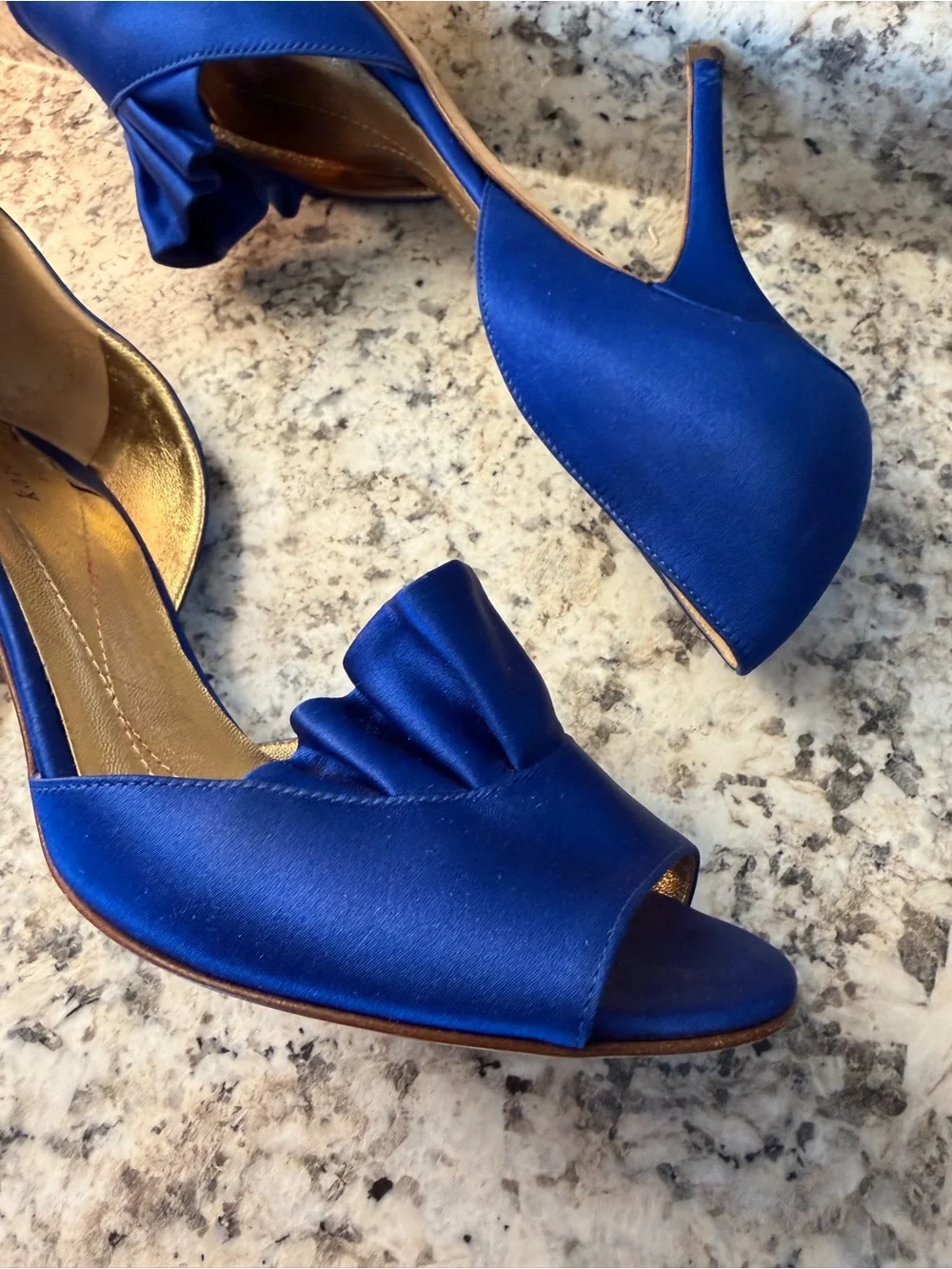 kate spade cobalt blue satin peep-toe heels with ruffle wedding royal prom event